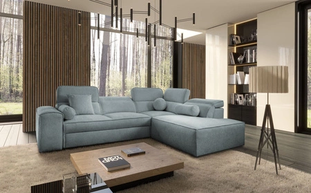 Ecksofa mit Schlaffunktion Viano VII grau blau rechte Ecke trendy und stilvoll mit verstellbaren Kopfstützen Zierkissen