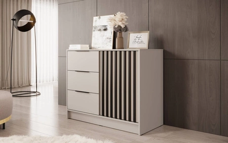 Kommode mit Schubladen Aspen 105 cm Beige / Schwarze Lamellen modernes Design Schranktüren der Kommode mit dekorativen Lamellen