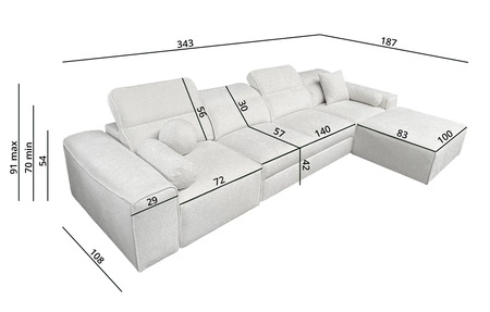 Ecksofa mit Schlaffunktion Viano XII grau blau rechtes Ecksofa mit interessanter Form verstellbare Kopfstützen Zierkissen