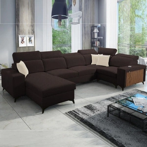 Ecksofa mit Schlaffunktion Kelly IV braun links geflochten bequemes Ecksofa verstellbare Kopfstützen seitlich mit Latten verkleidet