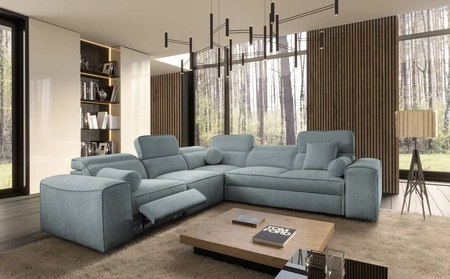 Ecksofa mit Schlaffunktion Viano III Lux grau blau links modernes Ecksofa mit ausziehbarem Fußteil Bettwäschecontainer