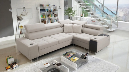 Ecksofa mit Schlaffunktion Dafni II hellbeige Samt rechts Ecksofa mit Bettzeugstauraum Vollauszug
