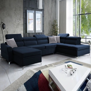Ecksofa mit Schlaffunktion Rava VI navy blue links Praktisches und modernes Ecksofa mit Multifunktionslampe