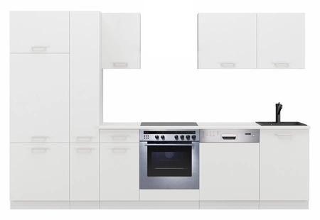 Das weiße Küchenset Toni mit 300 cm Arbeitsplatte passt sowohl zu klassischen als auch zu modernen Einrichtungen