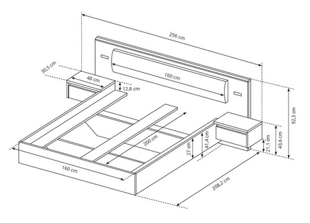 Novi Bett 160x200 cm mit Nachttischen Eiche Handwerk gold / weiß LED-Beleuchtung teilweise gepolstert Kopfteil