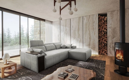 Ecksofa mit Schlaffunktion Tesalia grau Esche rechte Ecke modernes Design komfortable Schiebelehne Schublade in der Seite des Möbels