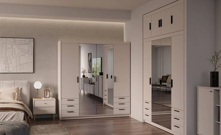 Kleiderschrank Rene 176 cm beige Sand stilvolles Design ABS beendet Rand trimmen Kleiderschrank mit Spiegel für Schlafzimmer oder Ankleidezimmer geräumige Schubladen