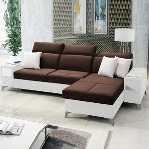 Ecksofa mit Schlaffunktion Elgin braun / weiß rechtes Ecksofa mit verstellbaren Kopfstützen praktische Schubladen in den Möbelseiten