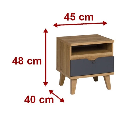 Nachttisch mit Schublade Memone Eiche gold / graphit stilvoller Schrank für Schlafzimmer oder Jugendzimmer im skandinavischen Stil