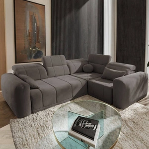 Ecksofa mit Schlaffunktion Cetara II grau braun rechtsseitig stilvolles Design verschiebbare Rückenlehnen verstellbare Kopfstützen und Bettzeugcontainer