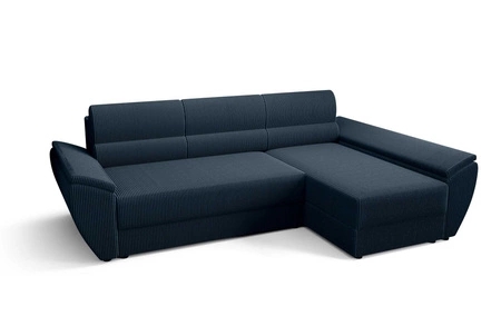 Ecksofa mit Schlaffunktion Fogu III blau rechtsseitig stilvolles Ecksofa mit Armlehnen und Bettzeugablage Kordelstoff