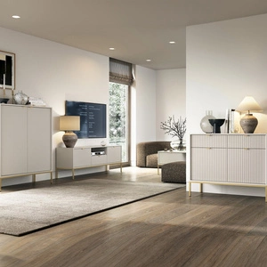 Möbelset Lovro beige modernes Design Wohnwand angereichert mit goldenem Metall Zubehör Wohnzimmermöbel