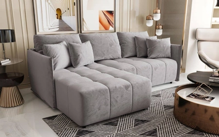 Ecksofa mit Schlaffunktion Oroso hellgrau links Sofa weicher Samtstoff mit hydrophober Beschichtung Bettzeugbehälter