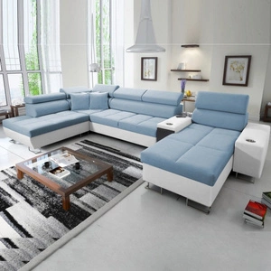 Ecksofa mit Schlaffunktion Dafni V blau weiß rechts Samt komfortables und bequemes Ecksofa mit verstellbaren Kopfstützen