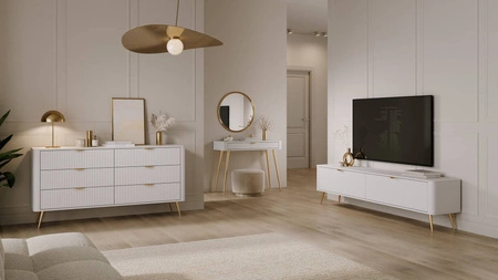 Schubladenkommode Lante 163 cm weiß elegantes Design ovale Form der Kommode auf hohen Beinen geschmackvoll geriffelte Front gesetzt