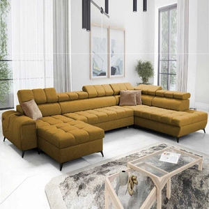 Ecksofa mit Schlaffunktion Bolmso VI Senf links komfortables Ecksofa mit verstellbaren Kopfstützen dekorative Steppung auf der Sitzfläche