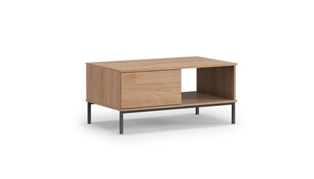 Tutti Eiche Hickory Couchtisch mit Schubladen einfache Form auf einem Metallsockel unterstützt auslaufsicher oben