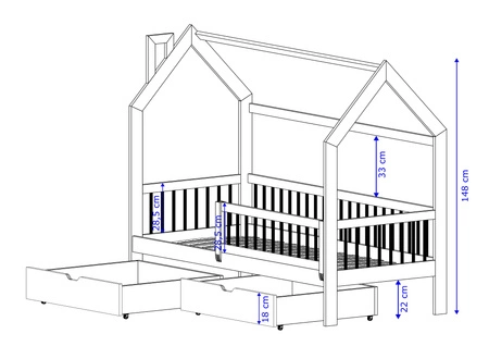 Pumba Holzbett 80x190 cm weiß Kinderbett aus massivem Kiefernholz Kinderhausbett mit geräumigen Schubladen