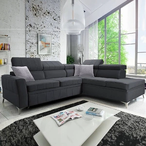 Ecksofa mit Schlaffunktion Rava III graphit rechts Samt komfortables Ecksofa mit verstellbaren Kopfstützen und einem Bettkasten