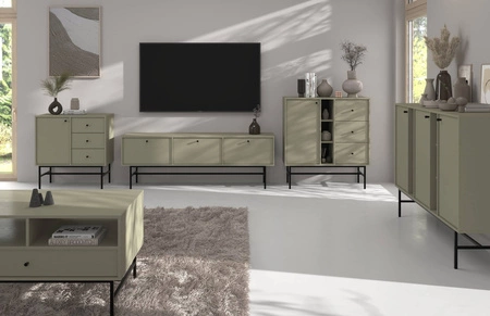 Schubladenkommode Kioto III 84 cm Eukalyptus modernes Design dezente schwarze Griffe Metallrahmen ideale Kommode für Wohnzimmer