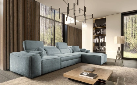Ecksofa mit Schlaffunktion Viano XII grau blau rechtes Ecksofa mit interessanter Form verstellbare Kopfstützen Zierkissen