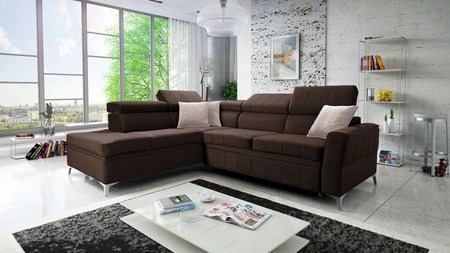 Ecksofa mit Schlaffunktion Rava III brauner linksseitiger Samt komfortables Ecksofa mit verstellbaren Kopfstützen und Bettzeugcontainer