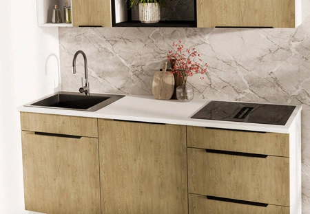 Küchenmöbel Set Cremona 180 cm elegante Küchenschränke in dezenten und natürlichen Farben ideales Set für eine kleine Küche