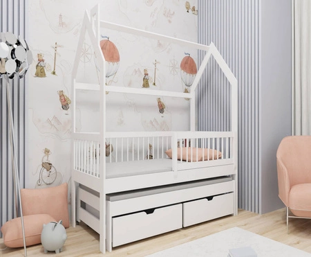Dyzio Kinderbett 80x160 cm weiß 2-Personen-Ausziehbett für Kinderzimmer Holzhausbett mit geräumigen Schubladen