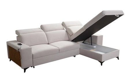 Kelly Ecksofa mit Schlaffunktion graue Esche rechte Seite geflochtener Komfort und Funktionalität Eckseite mit Latten abgeschlossen