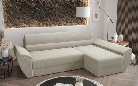 Ecksofa mit Schlaffunktion Fogu III elfenbeinfarbenes rechtes Ecksofa mit Armlehnen und Bettzeugablage Kordstoff