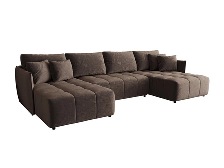 Ecksofa mit Schlaffunktion Oroso U hellbraun Bettzeugcontainer weicher Samtstoff mit wasserabweisender Beschichtung dekorative Steppung