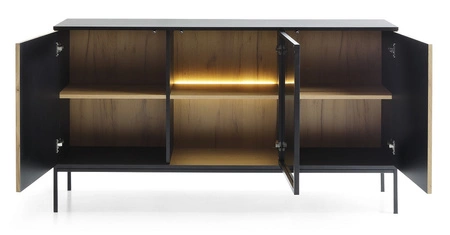 Kommode Amma 154 cm schwarz / Eiche wotan unkonventionelles Design verglaste Front mit Push-to-Open-System Deko-Latten