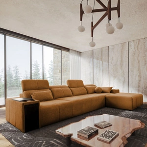 Ecksofa mit Schlaffunktion Tesalia XII Honig rechts modernes Design komfortable Schiebelehne Schublade in der Seite des Möbels