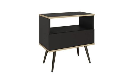 Luxuriöser Nachttisch mit Schublade schwarzer eleganter Designschrank mit goldener Zierleiste Schrank auf hohen Metallbeinen gestützt