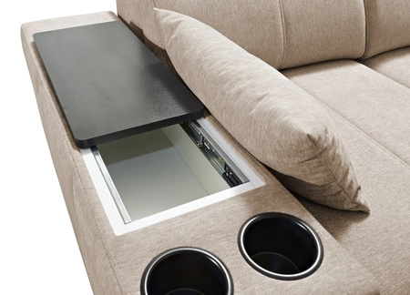 Ecksofa mit Schlaffunktion Tesalia beige rechte Seite modernes Design komfortable Schiebelehne Schublade in der Seite des Möbels