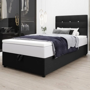 Boxspringbett Kingston 90x200 schwarzes Bett im modernen skandinavischen Stil mit gepolstertem Kopfteil mit Kristallen Bett mit Staukasten