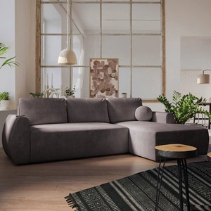 Ecksofa mit Schlaffunktion Colio braun rechte Seite stilvolles Ecksofa mit interessanter Form Veloursstoff Zierkissen Ball