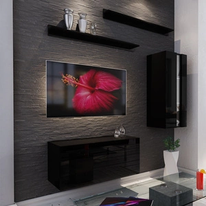 Mit der Magnus-Hängeschrankwand in schwarzem Glanz können Sie Ihre Multimedia-Ecke äußerst modern einrichten