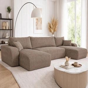 Ecksofa mit Schlaffunktion Fiesta U hellbraun stilvolles Ecksofa mit interessanter Form strapazierfähiger Kordstoff Bettzeugcontainer