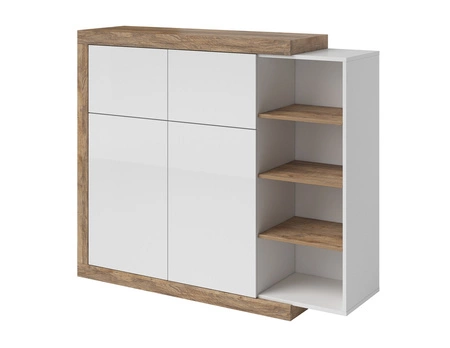 Hochkommode Sintra 151 cm Eiche samdal / weiß glänzend originelles Design Kommode für Wohnzimmer mit interessanter Form push to open system