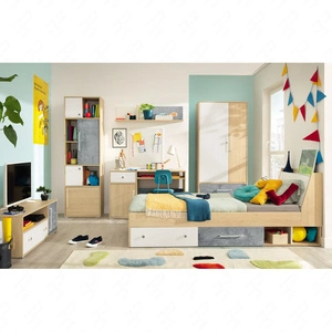 Möbelset Cary Biskuit Eiche / weiß / Beton ideal für ein Jugend- oder Kinderzimmer in einem trendigen Stil Staufach in der Kopfstütze