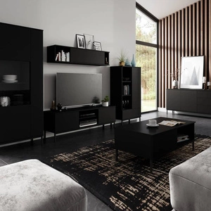 Tutti-Möbelset schwarz einfache Form eines Hängeschranks, der auf einem schwarzen Metallsockel ruht griffloses Push-to-Open-System