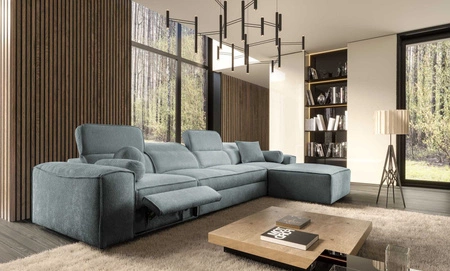 Ecksofa mit Schlaffunktion Viano XII Lux grau blau rechts Design-Ecksofa für das Wohnzimmer mit bequemer ausziehbarer Fußstütze