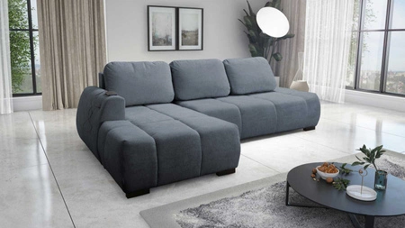 Ecksofa mit Schlaffunktion Zartblaues linksseitiges Ecksofa in stilvollem Design, das sich durch seine abgerundete Form auszeichnet