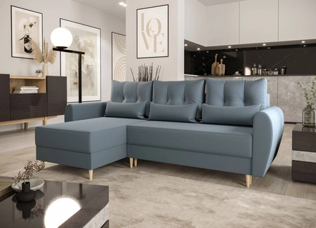 Ecksofa mit Schlaffunktion Rovigo grau blau links elegantes Ecksofa in skandinavischer Form großes Bettzeugfach