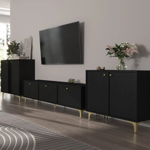 Kioto I Möbel schwarz graphit stilvolles Design Wohnzimmermöbel elegante Wohnwand auf einem goldenen Metallsockel