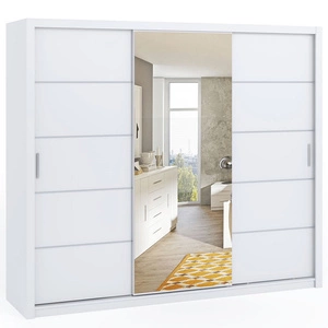 Verspiegelter Schiebeschrank Rico 250 cm weiß geräumiger Kleiderschrank für Schlafzimmer, Ankleidezimmer oder Flur klassische Form mit geometrischen Formen