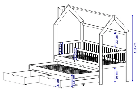 Dyzio Kinderbett 90x200 cm weiß 2-Personen-Ausziehbett für Kinderzimmer Holzhausbett mit geräumigen Schubladen
