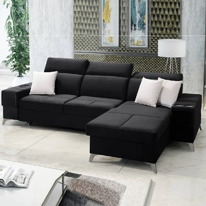 Ecksofa mit Schlaffunktion Elgin schwarzes rechtes Ecksofa mit verstellbaren Kopfstützen praktische Schubladen in den Seiten des Möbels