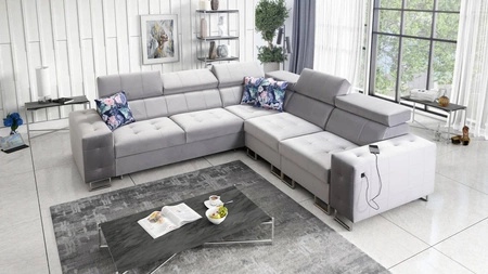 Ecksofa mit Schlaffunktion Hampton III grau Esche rechts bequemes Ecksofa aus glattem und weichem Samtstoff